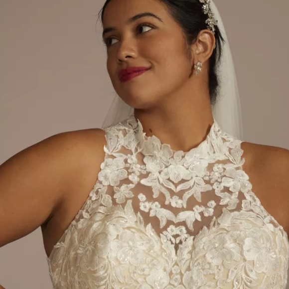 High Neck Lace Applique Tulle Wedding Dress - Picture 1 of 8